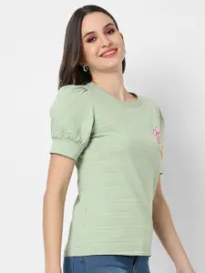 Campus Sutra Women Green & Pink Striped Pure Cotton Regular Top