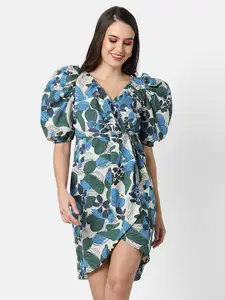 Campus Sutra Women Green & Blue Floral Printed A-Line Dress
