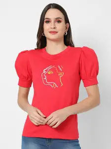 Campus Sutra Red Printed Puff Sleeves Pure Cotton Top