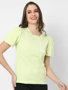 Campus Sutra Green Solid Cotton Top