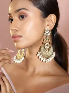 Rubans 18K Gold-Plated Large Chandbali Earrings with White Pearl Beaded Accents
