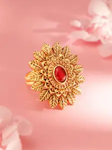 Rubans 22K Gold-Plated Red Ruby-Studded Adjustable Finger Ring