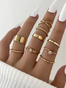 Shining Diva Fashion Set Of 9 Gold-Plated & Crystal Stone-Studded Finger Rings