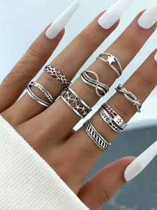 Shining Diva Fashion Set Of 8 Silver-Plated Boho Midi Finger Adjustable Crystal Rings