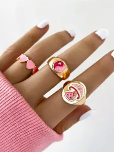Shining Diva Fashion Set Of 3 Gold-Plated Boho Pink Finger Ring