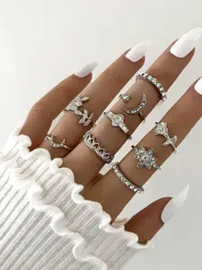 Shining Diva Fashion Set of 9 Silver-Plated Crystal-Studded Finger Rings
