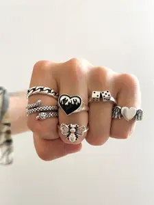 Shining Diva Fashion Set Of 6 Silver-Plated & Crystal Stone-Studded Finger Rings