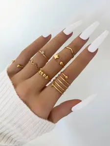 Shining Diva Fashion Set Of 7 Gold-Plated White Crystal-Studded Finger Rings