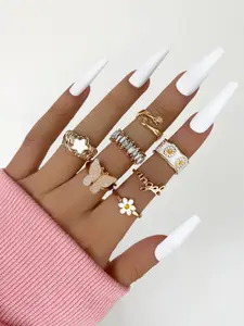 Shining Diva Fashion Set Of 7 Gold-Plated Boho Midi Finger Rings