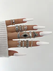 Shining Diva Fashion Set Of 14 Silver-Plated & Crystal Stone-Studded Finger Rings