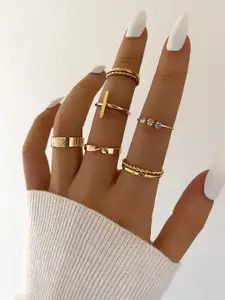 Shining Diva Fashion Set Of 6 Gold-Plated & Crystal Stone-Studded Finger Rings