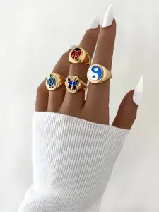 Shining Diva Fashion Set Of 4 Red & Blue Gold-Plated Enamelled Boho Finger Rings