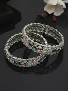 YouBella Set of 2 Silver-Plated Pink & Green Stone Studded  Bangles