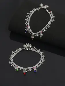 YouBella Set of 2 Silver-Plated Green & Red Stone Studded & Beaded Anklets