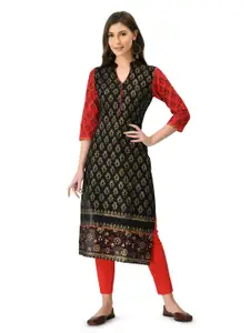 EZIS FASHION Women Black & Red Ethnic Motifs Printed Pure Cotton Kurta