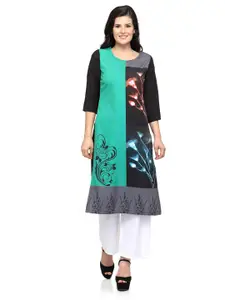 EZIS FASHION Women Black & Green Floral Printed Floral Crepe Kurta