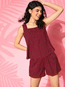 DRAPE IN VOGUE Women Red Striped Bed to Beach PJ Set
