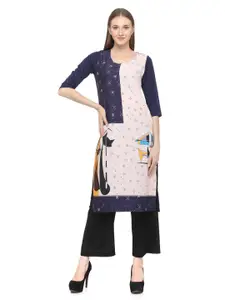 EZIS FASHION Navy Blue & Off White Quirky Printed Crepe Straight Kurta