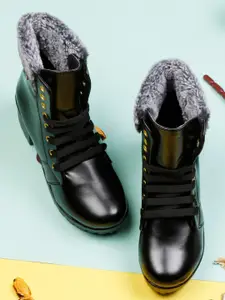 Denill Women Black Lace Up Block Heeled Winter Boots