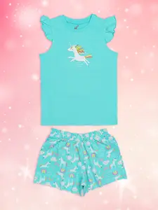 H By Hamleys Girls Blue Printed Pure Cotton T-shirt with Shorts