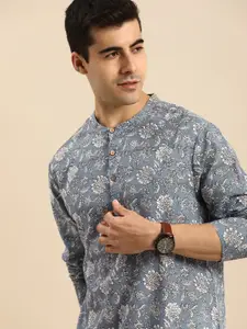 Anouk Men Grey & White Floral Printed Pure Cotton Straight Kurta