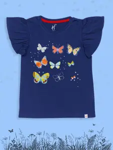 H By Hamleys Girls Navy Blue Butterfly Printed Pure Cotton T-shirt
