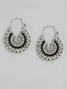 RICHEERA Silver -Toned & Black Circular Drop Earrings