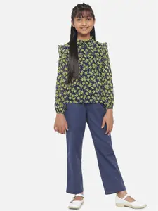 luyk Girls Navy Blue & Blue Floral Printed Top with Trousers