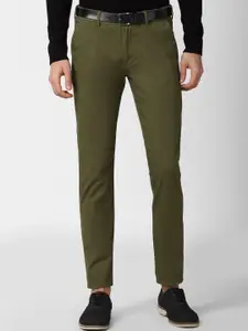 Peter England Casuals Men Olive Green Solid Slim Fit Trousers