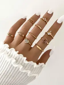 Shining Diva Fashion Set of 10 Gold-Plated Crystal-Studded Finger Rings