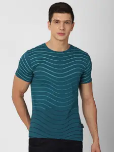 V Dot Men Green Pure Cotton Striped Slim Fit T-shirt