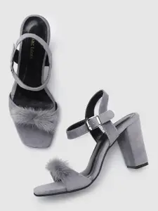 Marc Loire Grey PU Block Sandals with Faux Fur