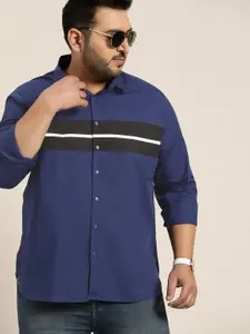 Sztori Men Plus SizeNavy Blue & Black Pure Cotton Striped Casual Shirt