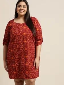 Sztori Women Plus Size Maroon & Rust Orange Tribal Print A-Line Dress
