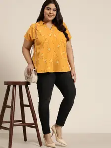 Sztori Plus Size Mustard Yellow Floral Print Extended Sleeves Top