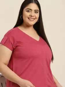 Sztori Women Plus Size Maroon Solid V-Neck T-shirt