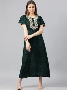 Secret Wish Green Printed Pure Cotton Maxi Nightdress