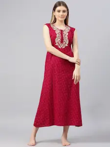 Secret Wish Women Red Printed Pure Cotton Maxi Nightdress