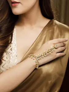 Rubans Women Gold-Toned & White Kundan Handcrafted Gold-Plated Ring Bracelet
