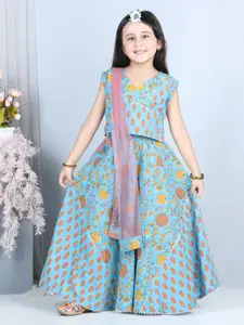 Kinder Kids Girls Blue & Orange Block Printed Ready To Wear Lehenga With Choli & Dupatta
