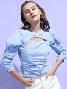 Tokyo Talkies Blue Ruched Cut Out Top