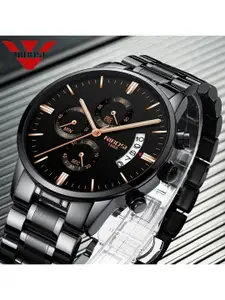 Nibosi Men Black Dial & Black Stainless Steel Bracelet Style Straps Analogue Chronograph Watch
