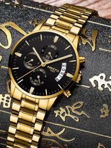 Nibosi Men Black Patterned Dial & Gold Toned Stainless Steel Bracelet Style Straps Analogue Chronograph Watch