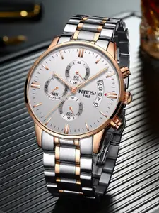 Nibosi Men White Dial & Multicoloured Stainless Steel Bracelet Style Straps Analogue Chronograph Watch