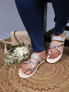 POSTCARD Women Off White & Grey Embellished One Toe Flats