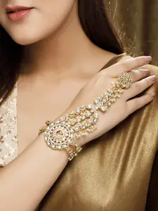 Rubans Women Gold-Toned & White Kundan Handcrafted Gold-Plated Ring Bracelet