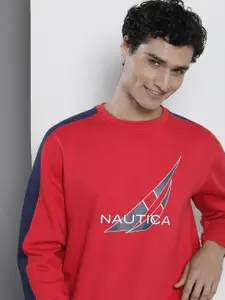 Nautica Men Brand Logo Printed Round Neck Pullover Sweatshirt