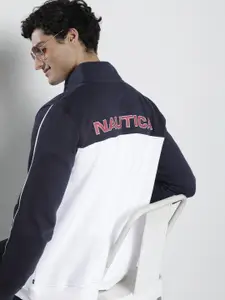 Nautica Men Mock Collar Brand Logo Printed Colourblocked Sweatshirt