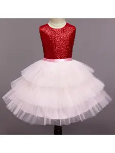 The Magic Wand Girls Pink & Red Embellished Tiered Dress