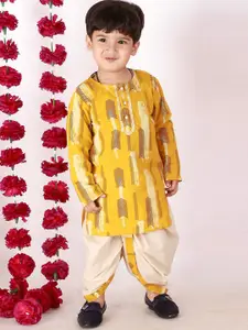 Little Bansi Boys Yellow Ethnic Motifs Printed Pure Cotton Kurta with Dhoti Pants